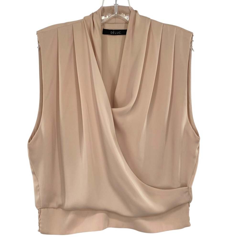 Deluc Wrap Front Tan Silky Sleeveless Blouse Top